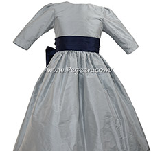 Nav Blue and gray sky silk flower girl dress with 3/4 sleeves