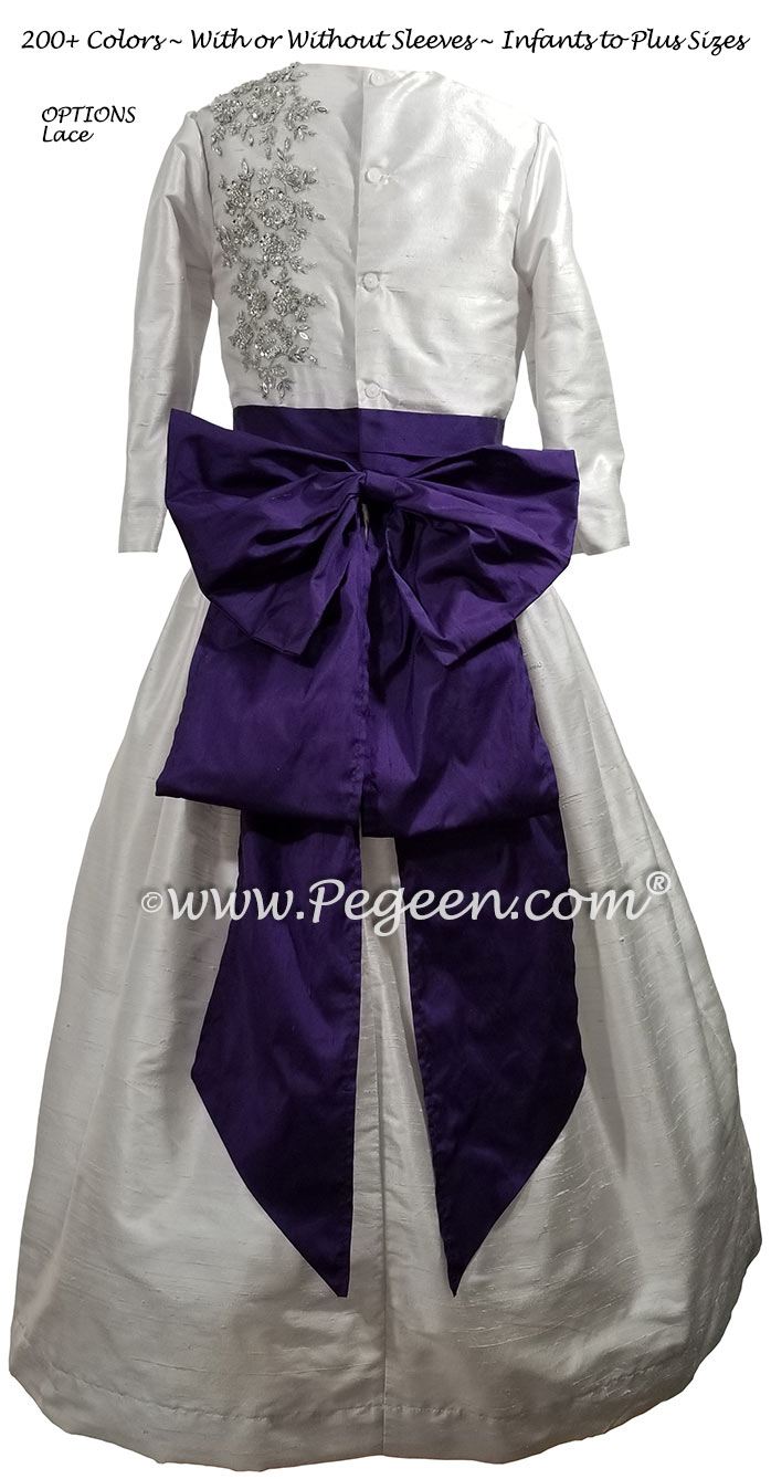 Platinum gray and deep plum flower girl dress with 3/4 sleeves