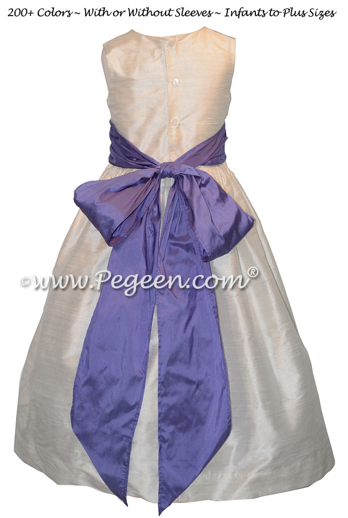 Periwinkle and new ivory silk flower girl dress