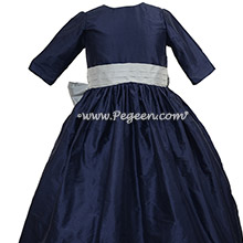 Sky Gray and Navy Blue silk flower girl dress with 3/4 sleeves