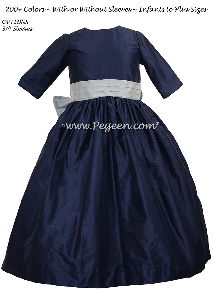 Navy blue and Sky Gray silk flower girl dress