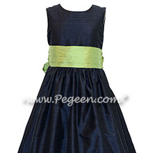 Navy Blue and Sprite Green Custom Silk Flower Girl Dresses Style 398