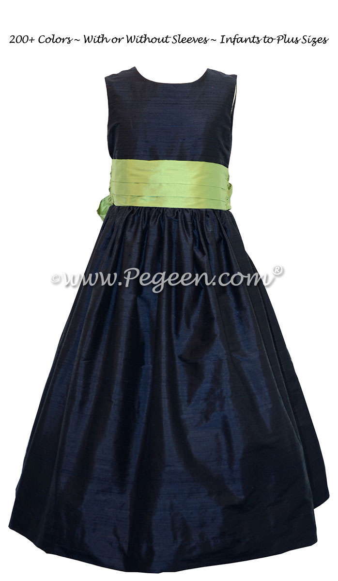 Navy Blue and Sprite Green Custom Silk Flower Girl Dresses Style 398 | Pegeen
