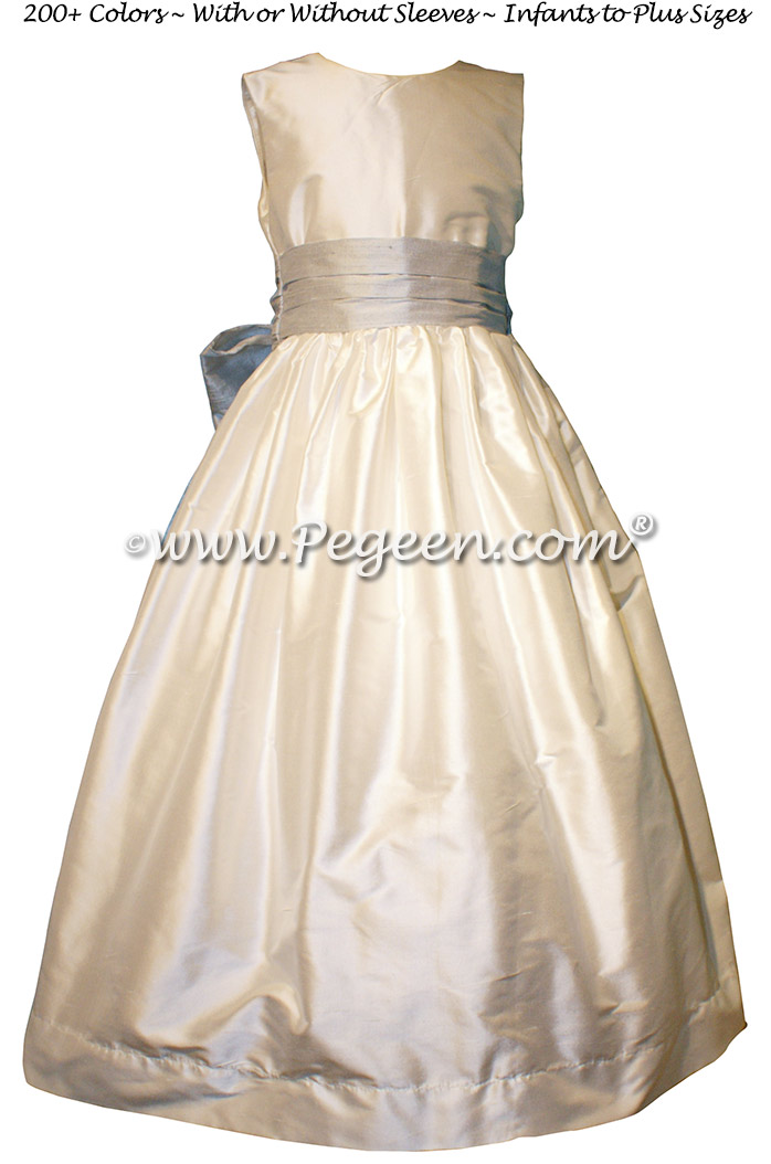 White and Light Platinum Gray Silk flower girl dresses - Style 398
