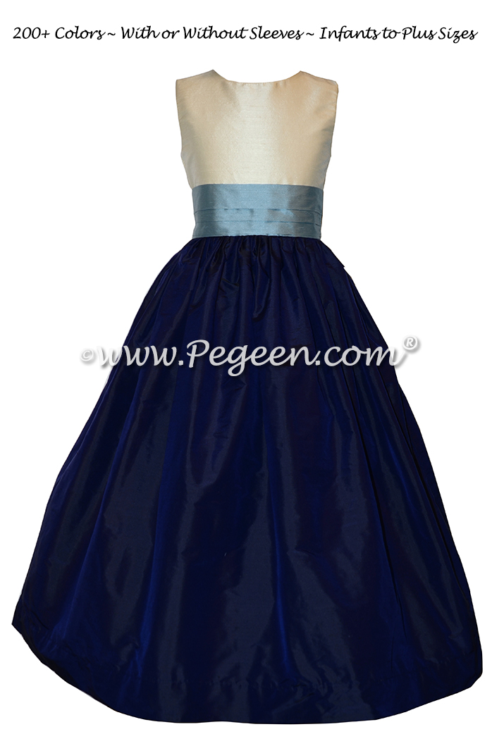 Flower Girl Dress Style 398 in Navy, Ivory and Powder Blue Silk | Pegeen