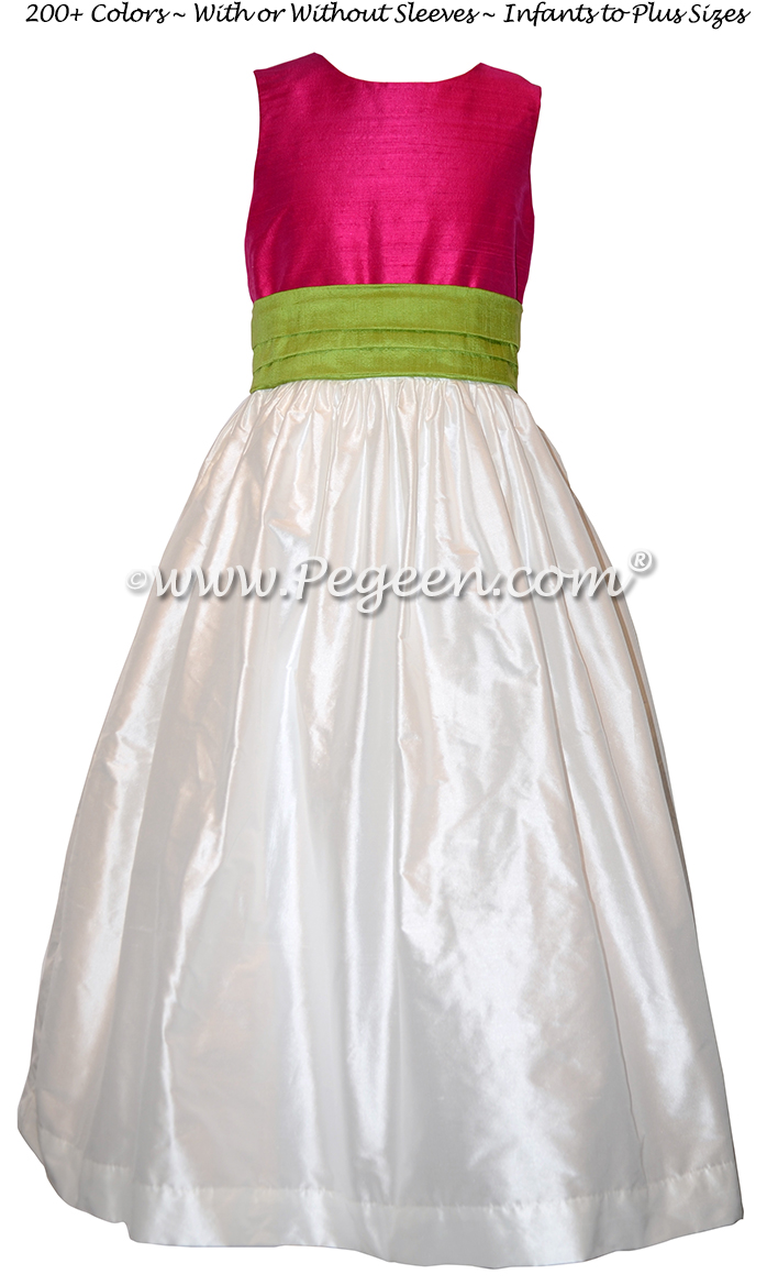 Style 383 flower girl dress in hot pink and green