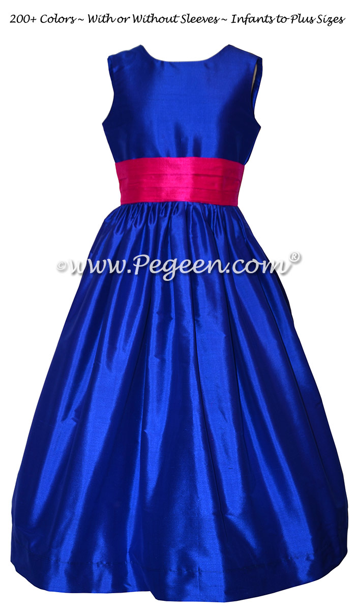 Blue Sapphire with Hot Pink Sash Custom Flower Girl Dress with V-Back