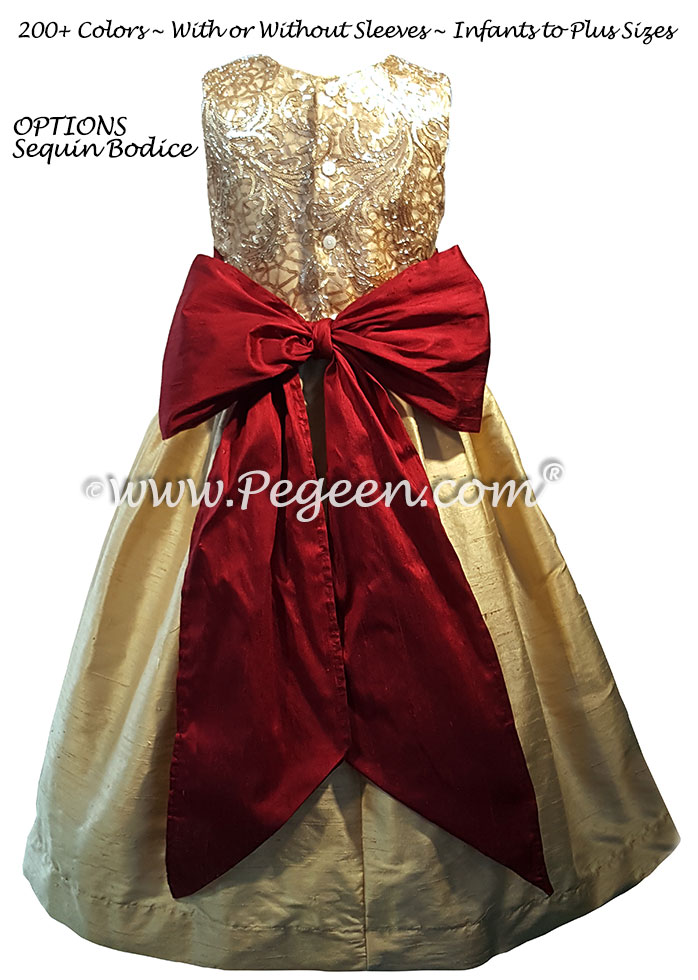 Red and Gold Sequined Silk Flower Girl Dress