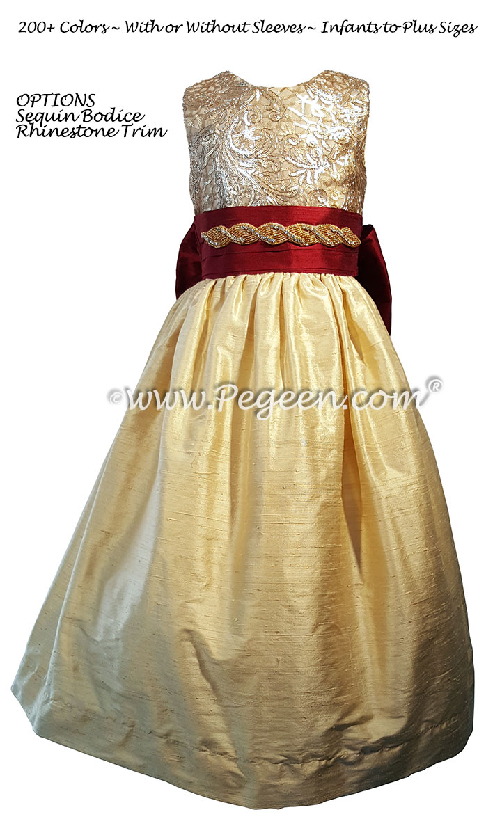 Red and Gold Sequined Silk Flower Girl Dress