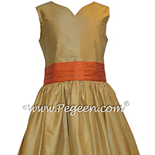 Spun Gold and Orange Custom Silk Flower Girl Dress - Style 398