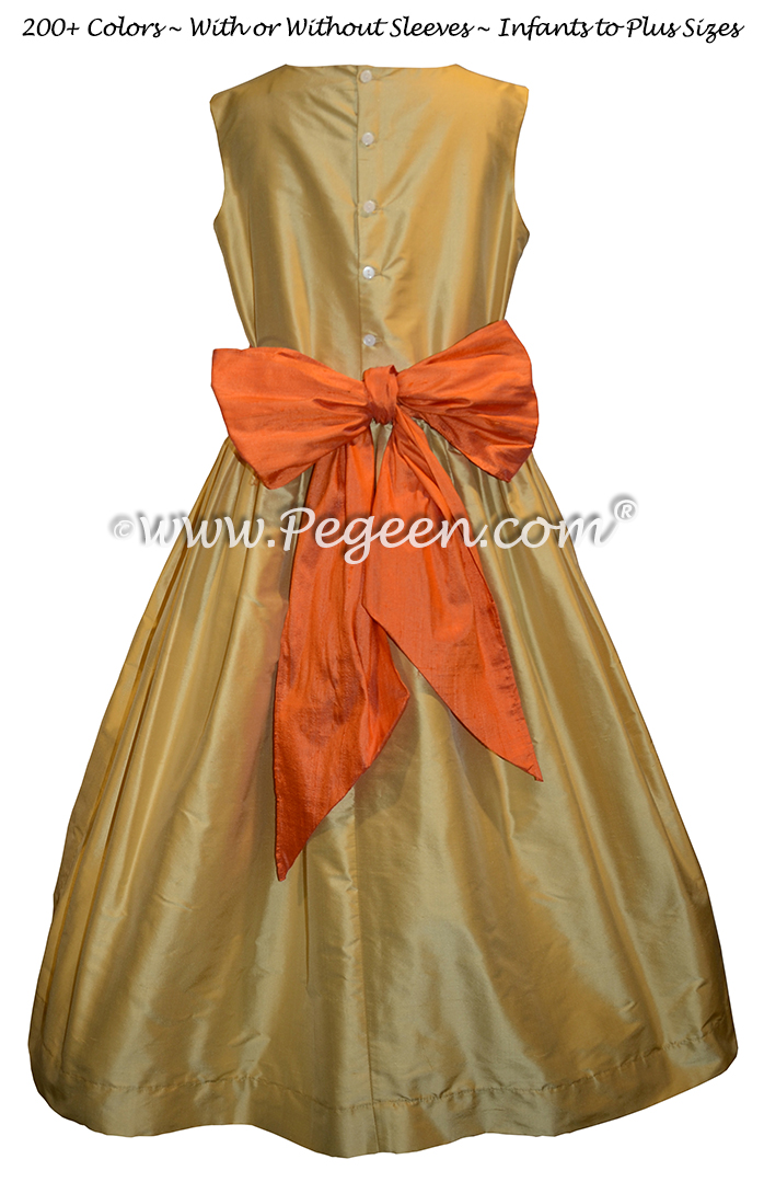 Spun Gold and Orange Custom Silk Flower Girl Dress - Style 398 | Pegeen