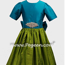Grass green, rhinestones and turquoise custom flower girl dresses