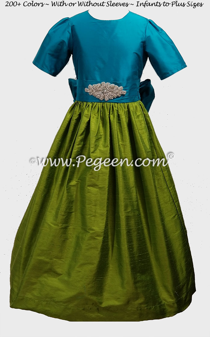 Grass green, rhinestones and turquoise flower girl dress