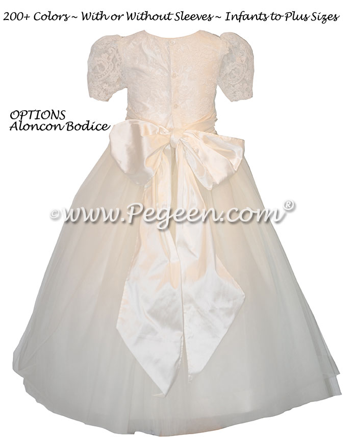 Ivory Aloncon Lace and Silk Flower Girl Dress with Tulle