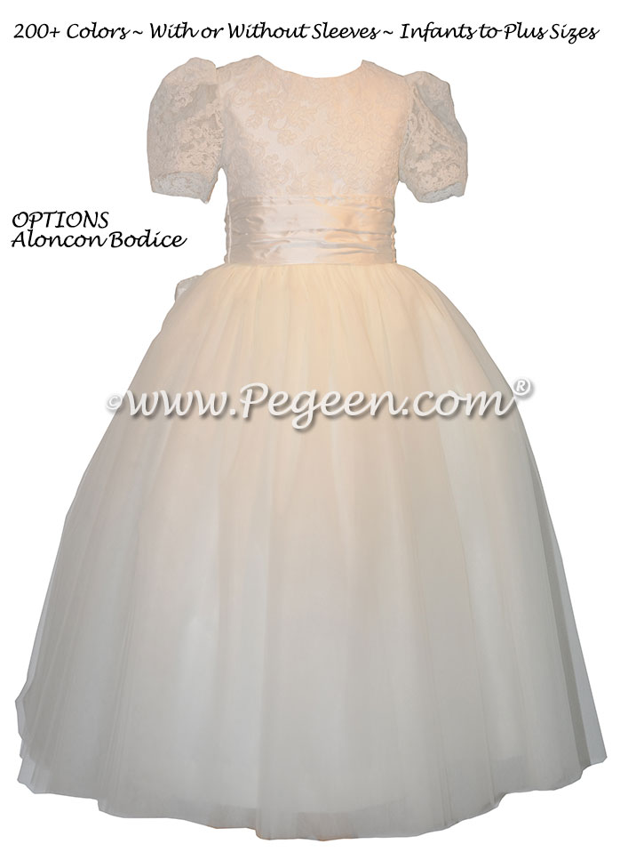 Ivory Aloncon Lace and Silk Flower Girl Dress with Tulle