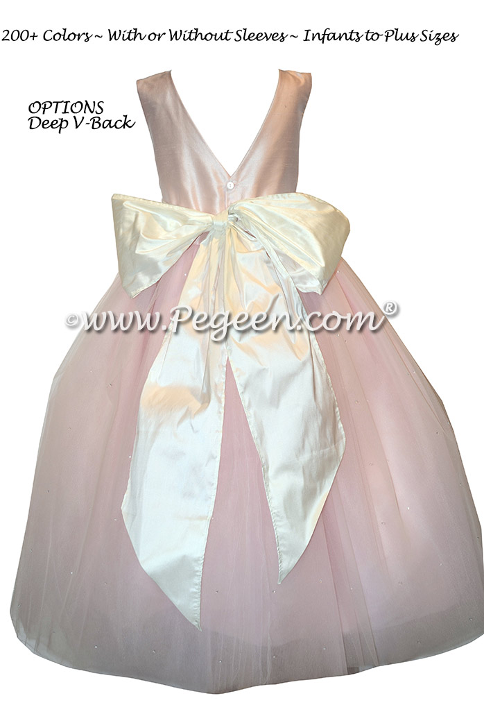 New Ivory and Peony Pink Silk flower girl dresses with Dew Drop Tulle - Style 402