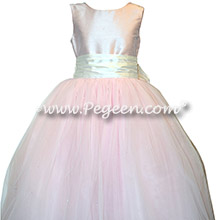 New Ivory and Peony Pink Silk flower girl dresses with Dew Drop Tulle