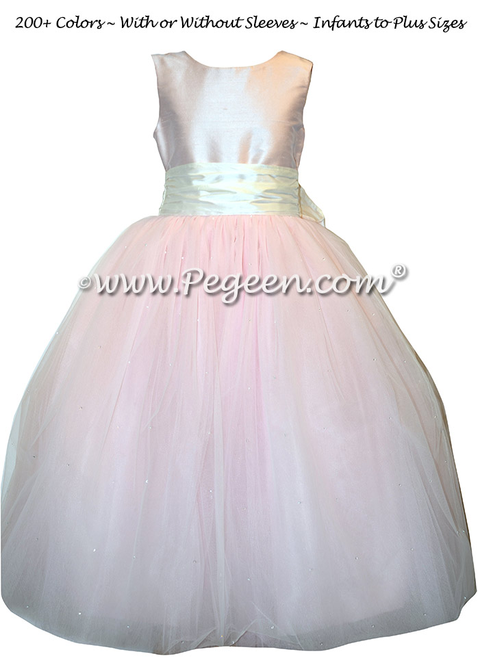 New Ivory and Peony Pink Silk flower girl dresses with Dew Drop Tulle - Style 402