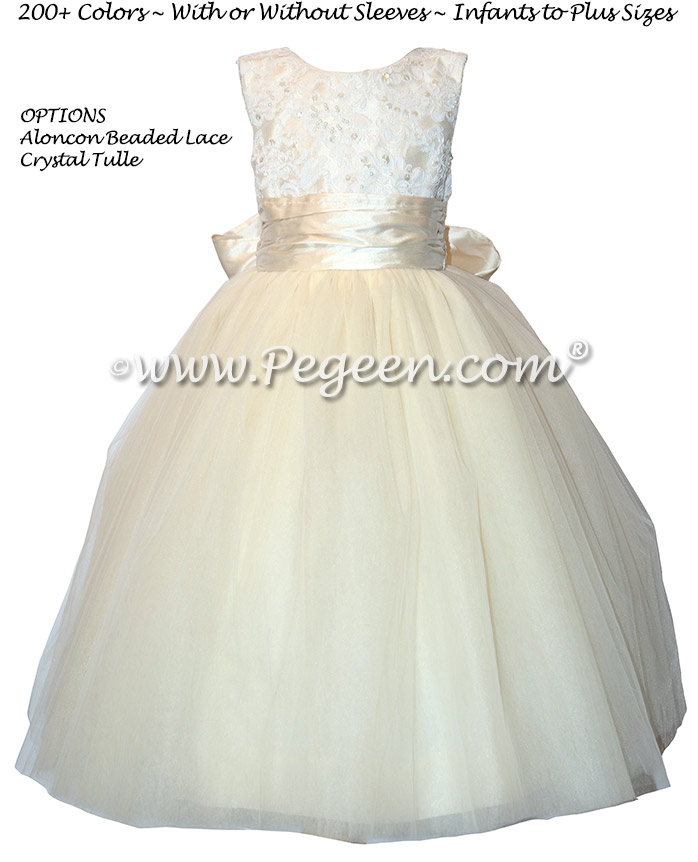 Lace Covered Tulle and Silk Couture Flower Girl Dresses - Style 402