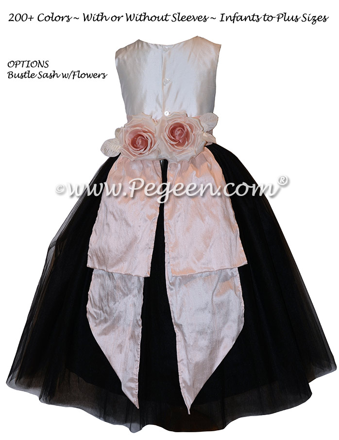 Black Silk tulle flower girl dresses with beautiful, handmade silk rose