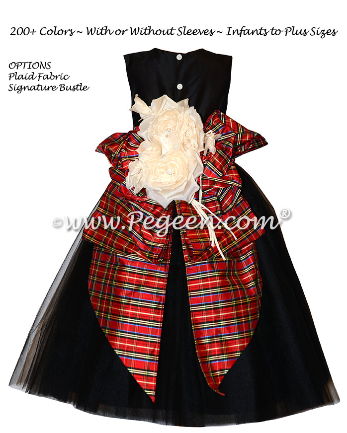 Black Silk and Christmas Plaid and tulle flower girl dresses