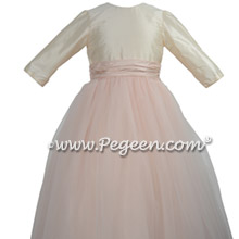3/4 Sleeves, blush tulle skirt flower girl dress for Jewish Wedding