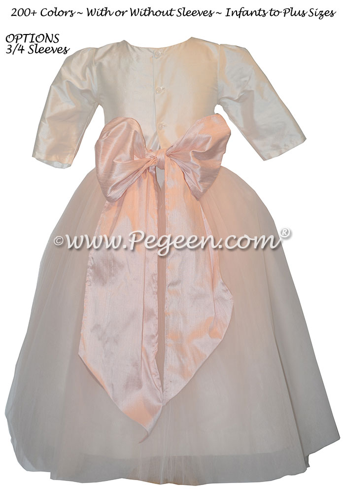 Peony Pink and White Tulle Flower Girl Dress with 3/4 Sleeves Style 402