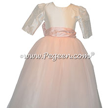 Pink and Ivory Silk Tulle Flower Girl Dress with 3/4 Sleeves
