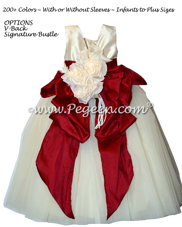 Flower girl dress with Signature Bustle in Burgundy Silk and Tulle | Pegeen