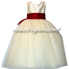 Ivory and Burgundy Silk and Tulle flower girl dress with Signature Bustle