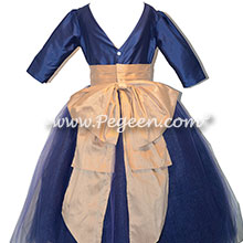 Colonial blue and gold flower girl dress with tulle skirt for Junior