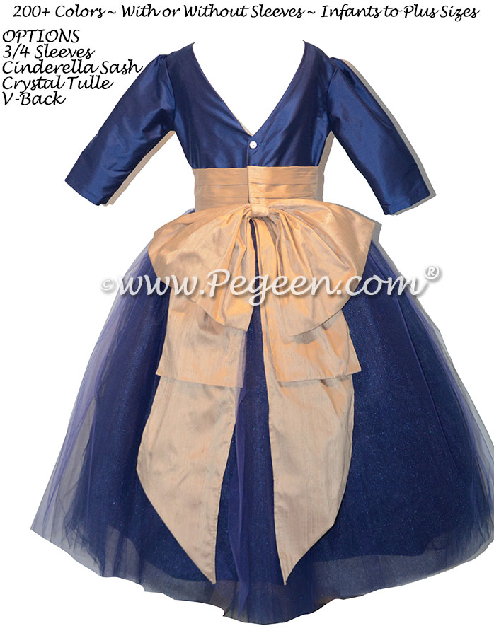 402 Colonial Blue and Spun Gold flower girl dress