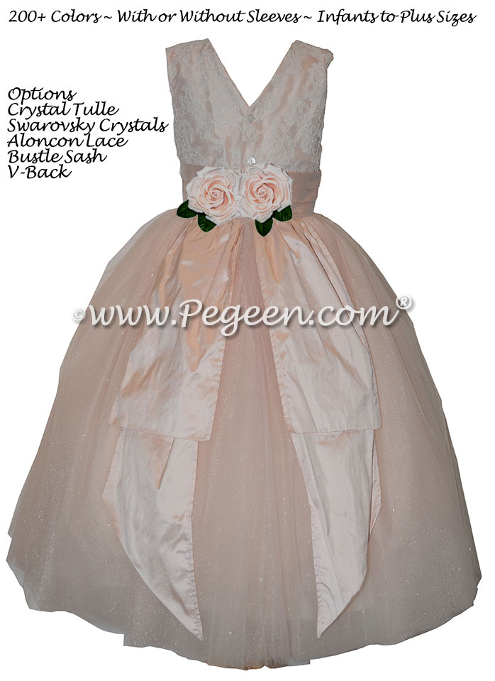 Custom Ivory and Aloncon Lace and Pink Tulle Flower Girl Dresses - Couture Style 402