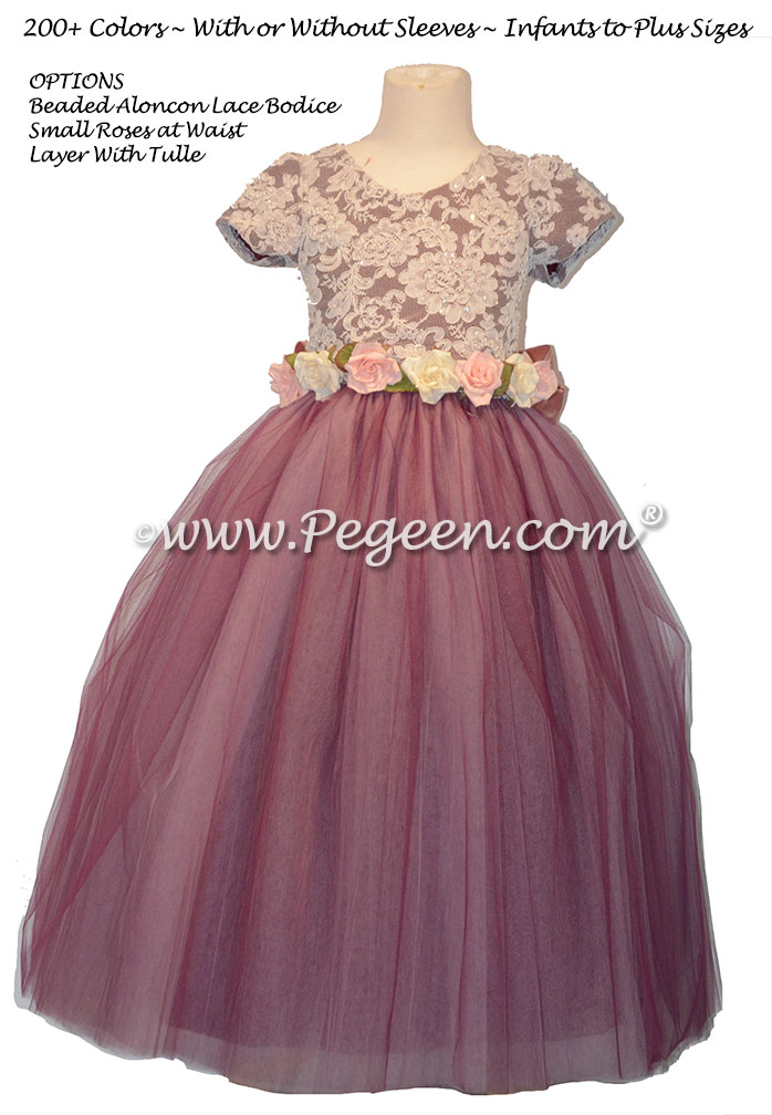Aloncon Lace and Eggplant Silk flower girl dress Couture Style 402