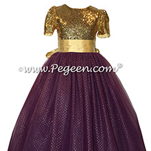 Eggplant and Gold Sequined Silk and Tulle flower girl dresses