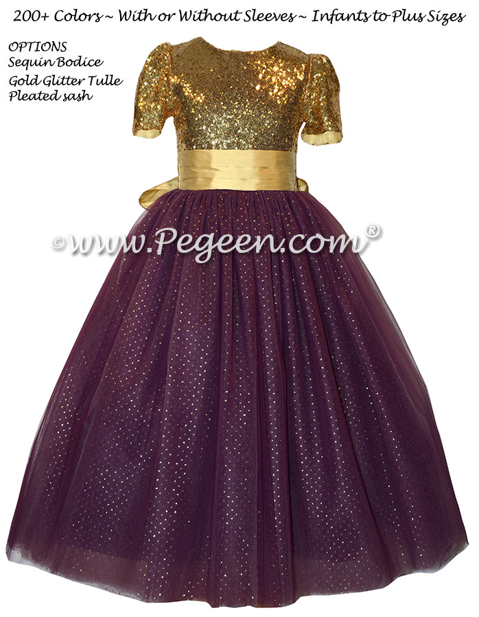 Eggplant and Gold Sequined Silk and Tulle flower girl dresses