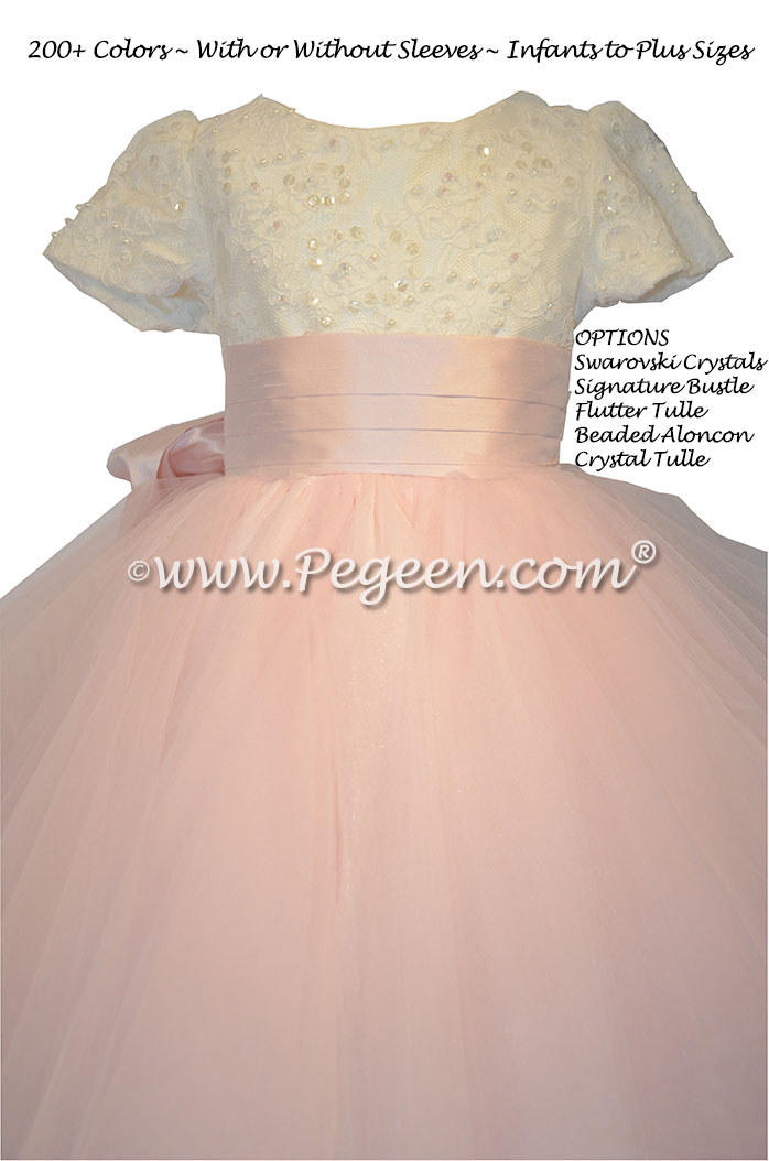 Peony Pink ballerina style Flower Girl Dresses with Swarovski Crystals, lace and fluffy layers of tulle