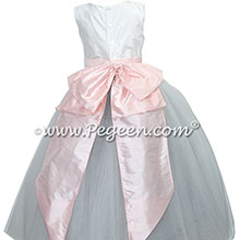 Pink, gray and white silk and tulle flower girl dress with Cinderella Bow