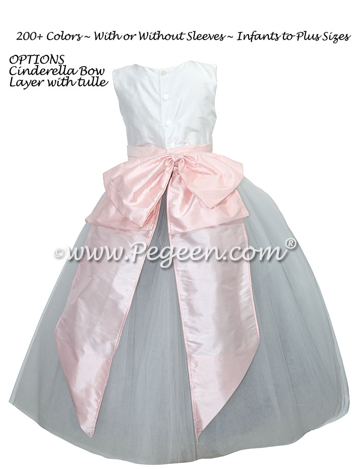 Pink, gray and white silk and tulle flower girl dress with Cinderella Bow