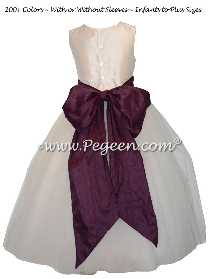 Purple and white tulle and silk flower girl dresses - Style 402