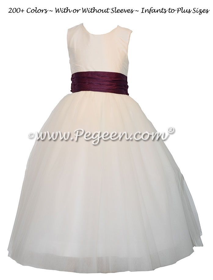 Shades of lavender and iris accented tulle and silk flower girl dresses