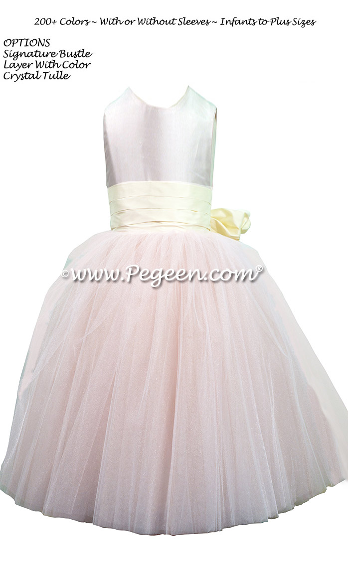 Champagne Pink and Bisque of silk and Tulle Degas Style flower girl dresses with Tami Flowers