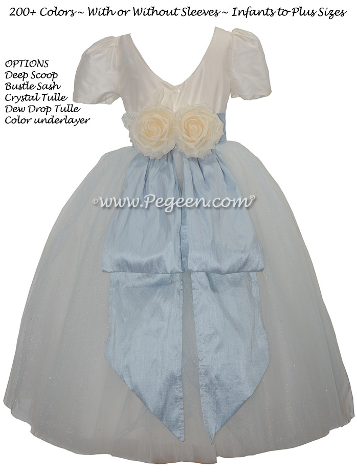 Cloud Blue and Ivory silk flower girl dress with a hint of blue in the skirt