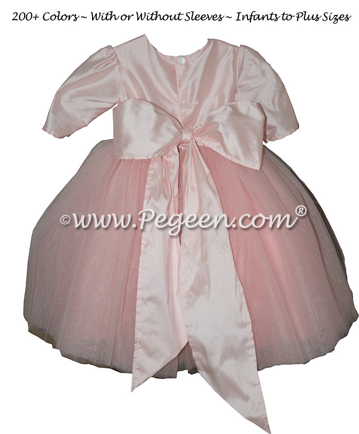 Pink 3/4 sleeve silk and tulle flower girl dress