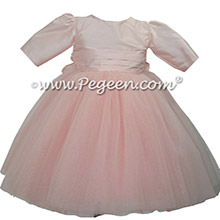 Pink 3/4 sleeve silk and tulle flower girl dress