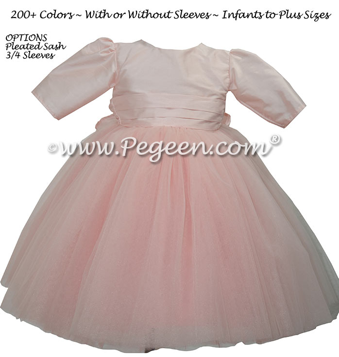 Pink 3/4 sleeve silk and tulle flower girl dress