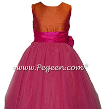 Mango and Shock Pink Custom Silk Flower Girl Dresses