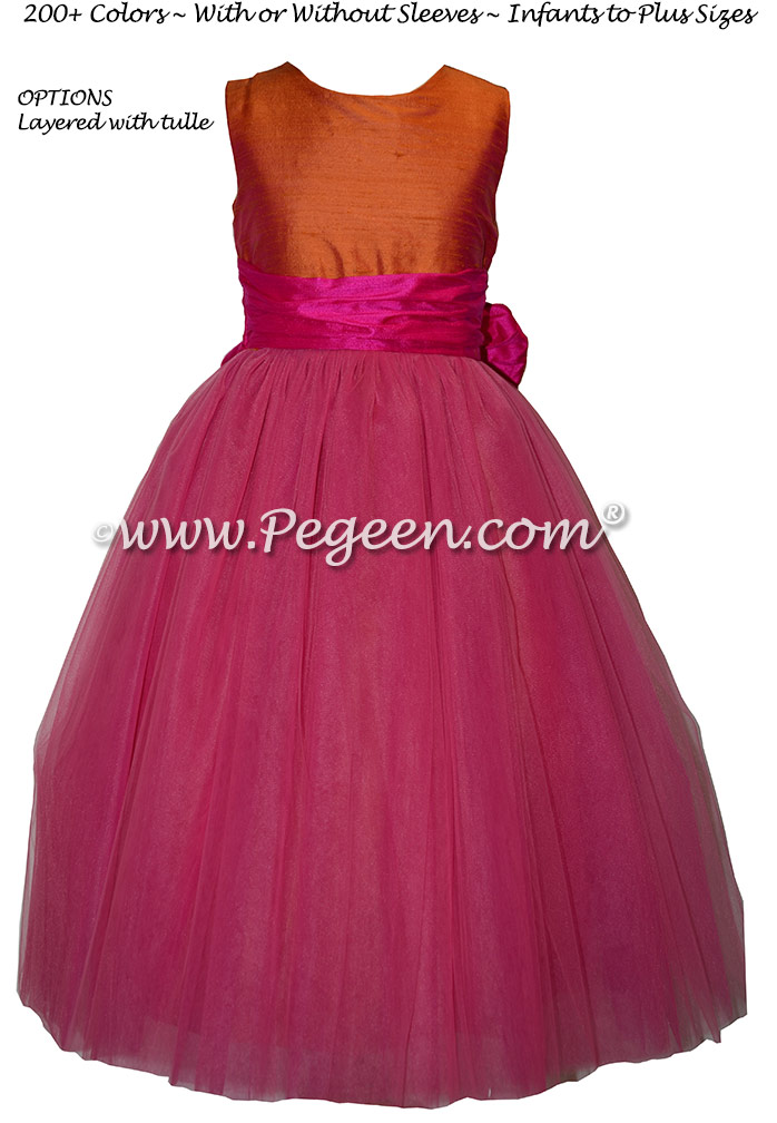 Mango and Shock Pink Custom Silk Flower Girl Dresses Style 402