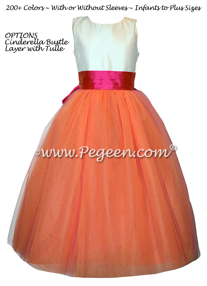 Mango orange and Sorbet Pink custom silk flower girl dresses Style 402 | Pegeen