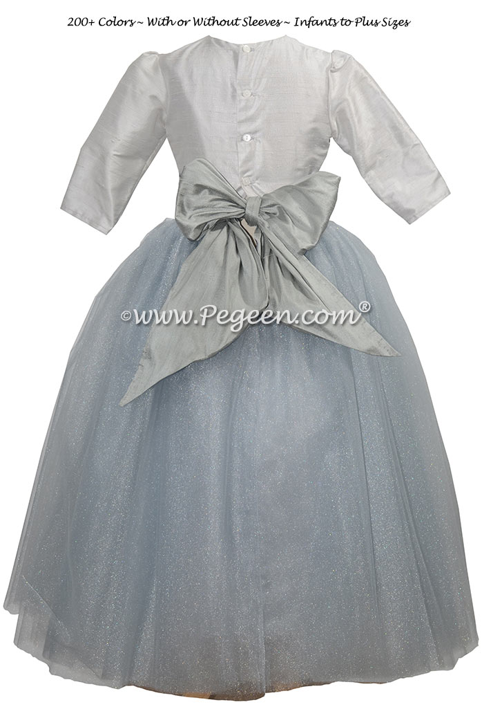 Morning Gray and Platinum 3/4 sleeve silk and tulle flower girl dress